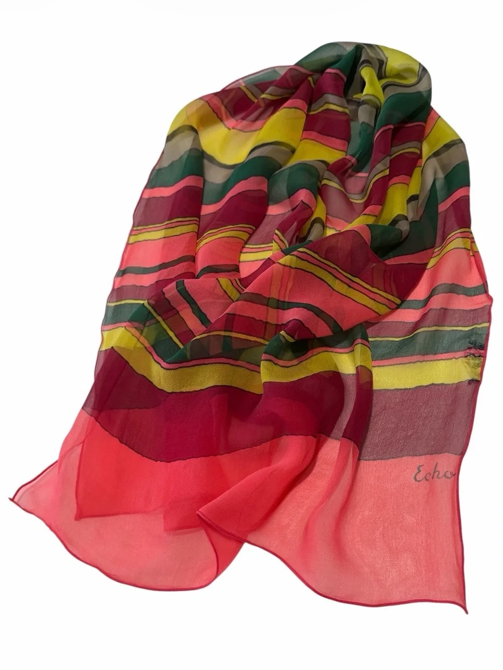 Vintage ECHO 100% Silk Scarf Multicolor Striped Orange Yellow Green 40” x 16”